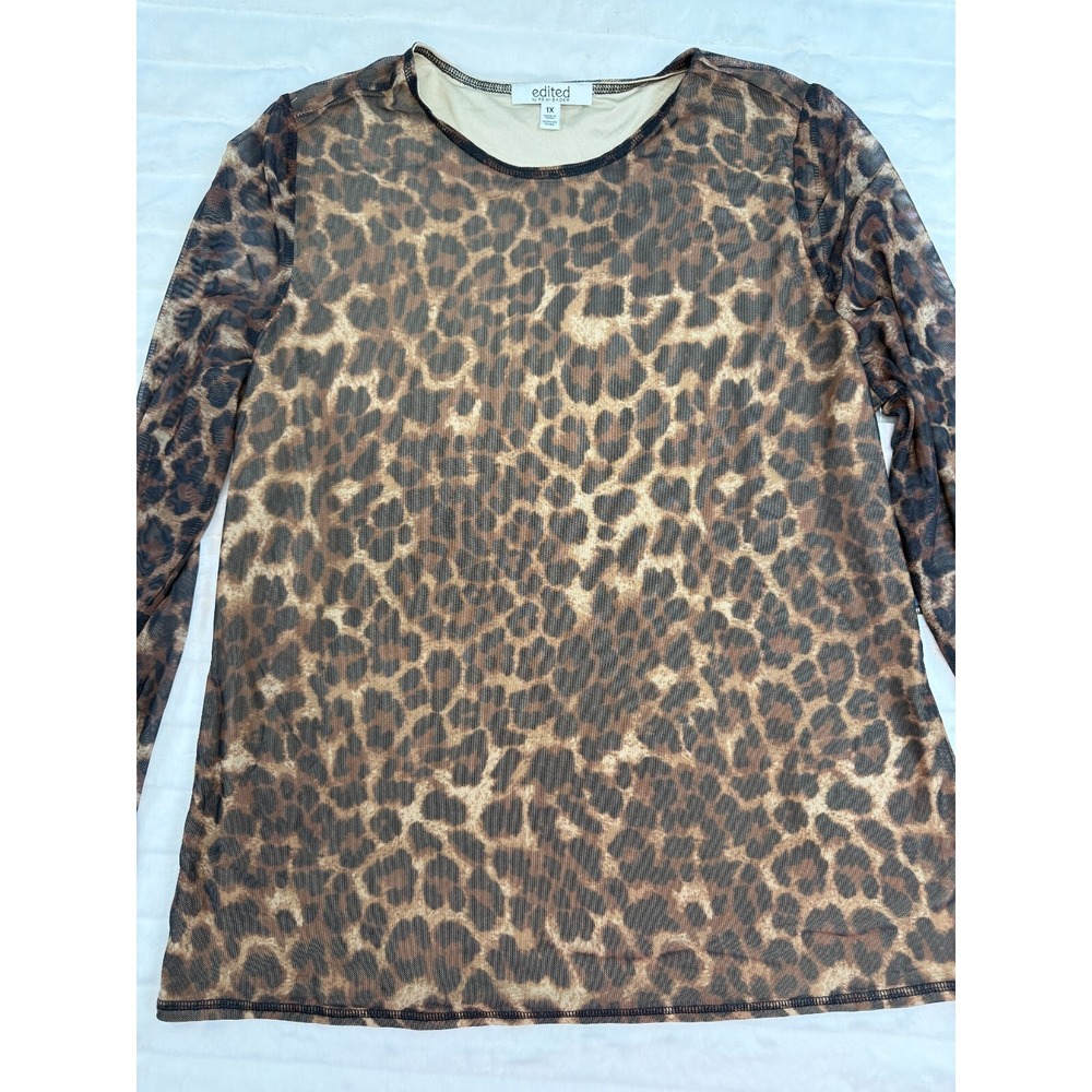 Edited Shirt Womens 1X Cheetah Print Top Blouse Long Sleeve Mesh Round Neck New‎